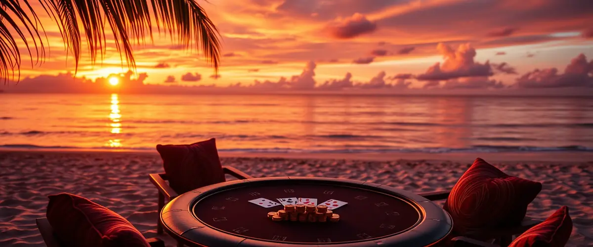 Table de blackjack sur la plage au coucher du soleil — bonus sans dépôt août 2026