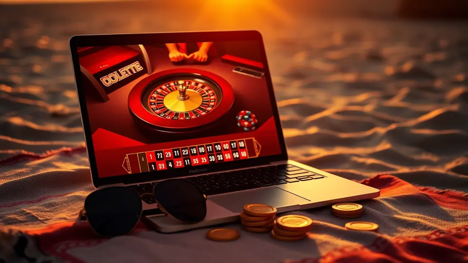 Roulette en ligne sur ordinateur portable à la plage