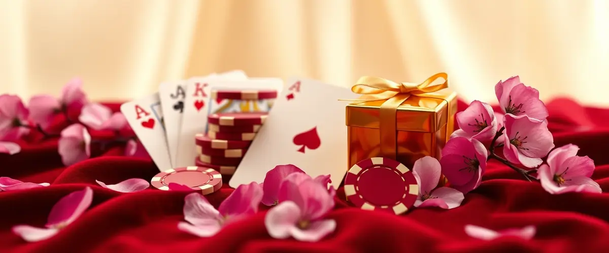 Jetons de casino rouges et dorés, cartes et cadeau parmi des pétales de printemps — bonus sans dépôt avril 2026