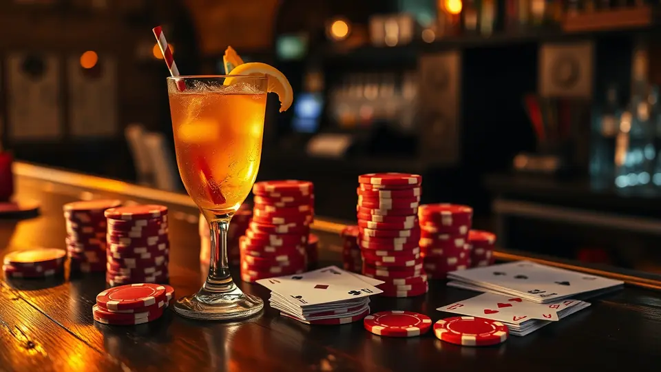 Cocktail d’été, jetons de casino et cartes sur un bar