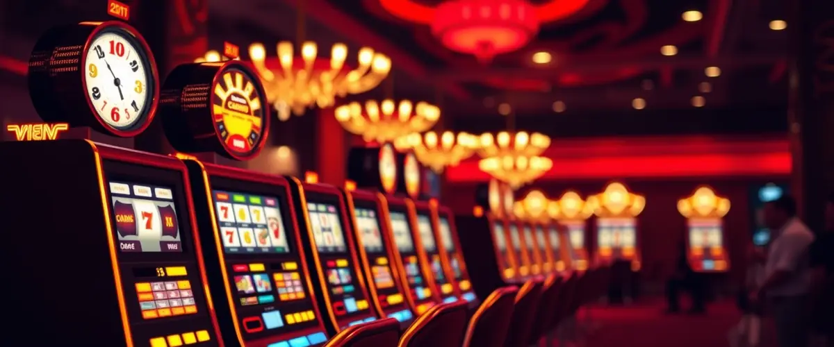 Machines à sous illuminées dans un casino rouge et or — bonus sans dépôt mai 2026